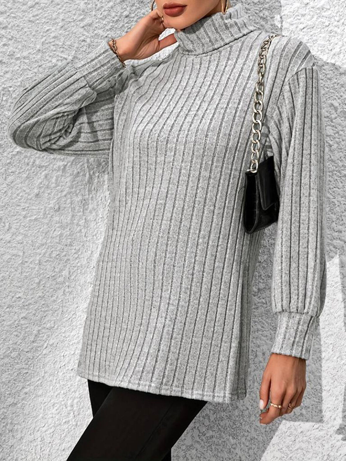 TUA MODA Kadın Uzun Kollu Balıkçı Yaka Yandan Yırtmaçlı şardonlu Kaşkorse Bluz