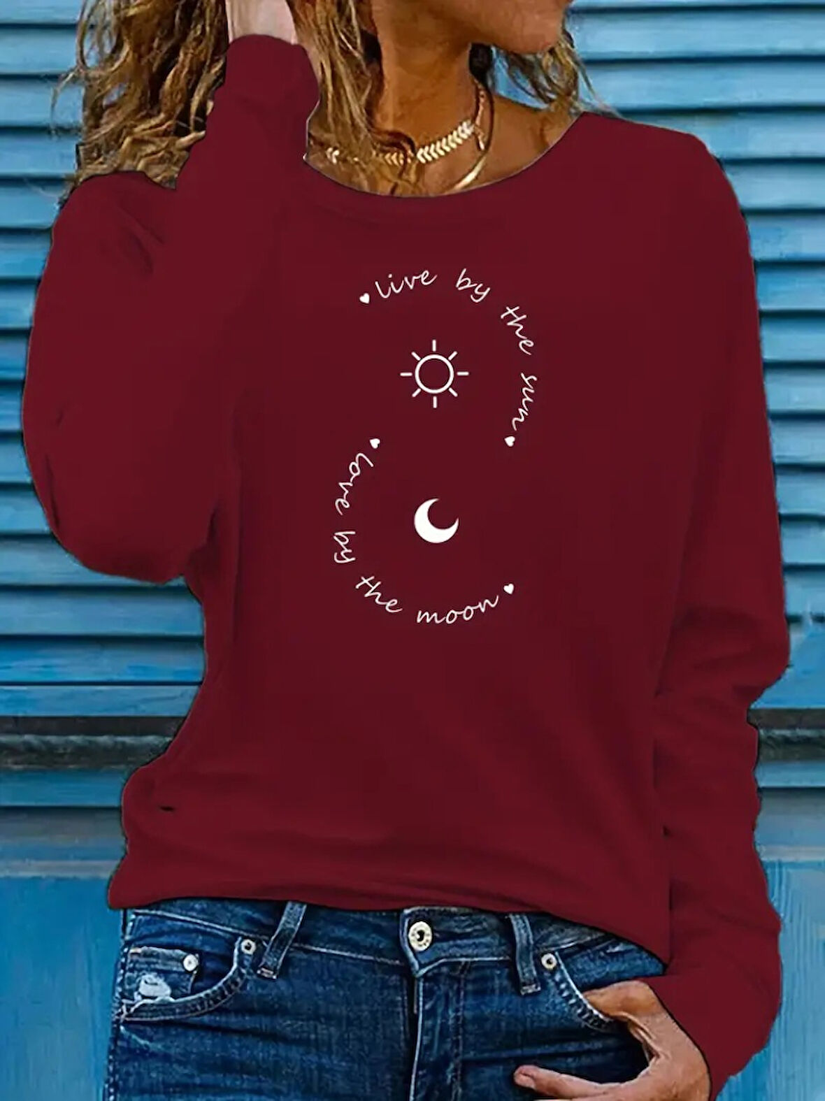 TUA MODA Kadın Uzun Kollu Bisiklet Yaka Desenli Viskon Bluz