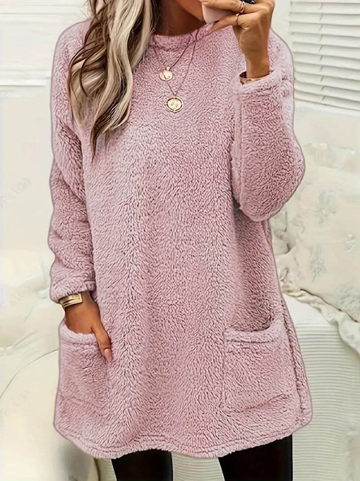 TUA MODA Kadın Uzun Kollu Yuvarlak Yakalı Cepli Peluş Bluz