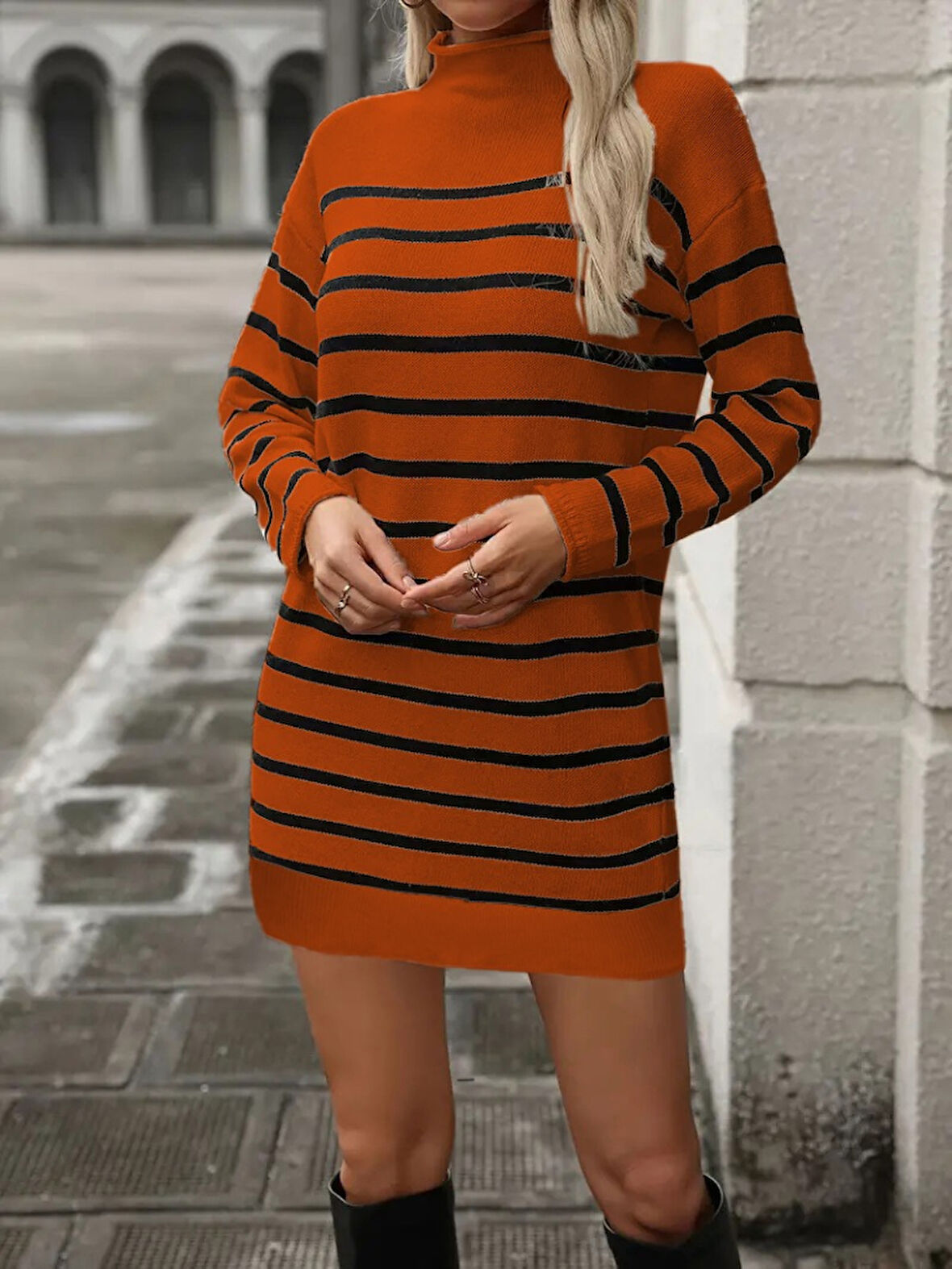 TUA MODA Kadın Uzun Kollu Yarım Balıkçı Yaka çizgilitriko Mini Boy Elbise (kemersiz)