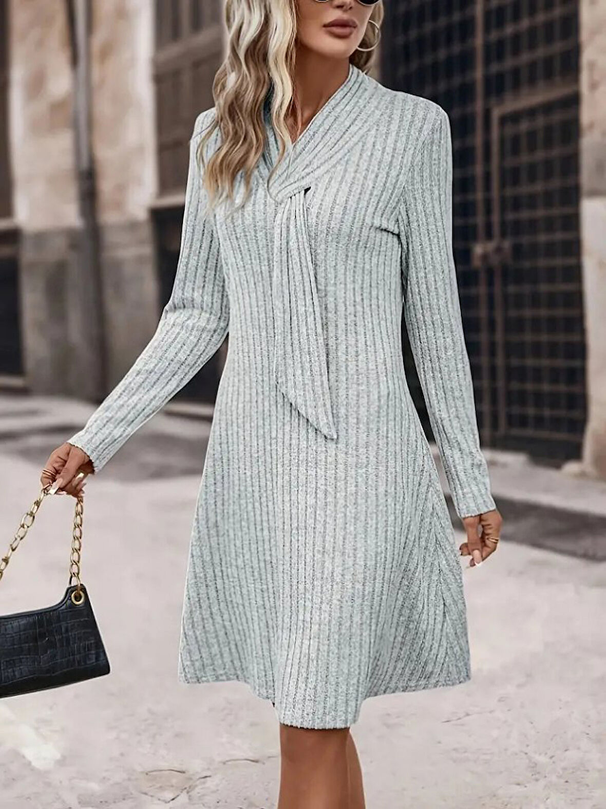TUA MODA Kadın Uzun Kollu çapraz Geçmeli Kravat Yaka şardonlu Kaşkorse Kısa Elbise
