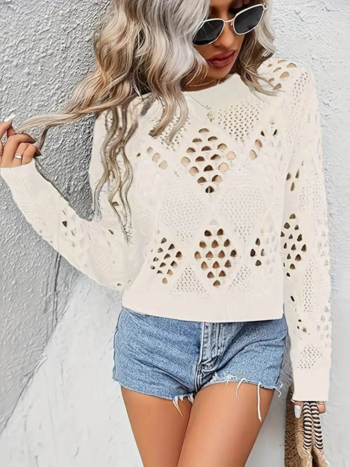 TUA MODA Kadın Uzun Kollu Yuvarlak Yaka Delik Desenli Triko Bluz