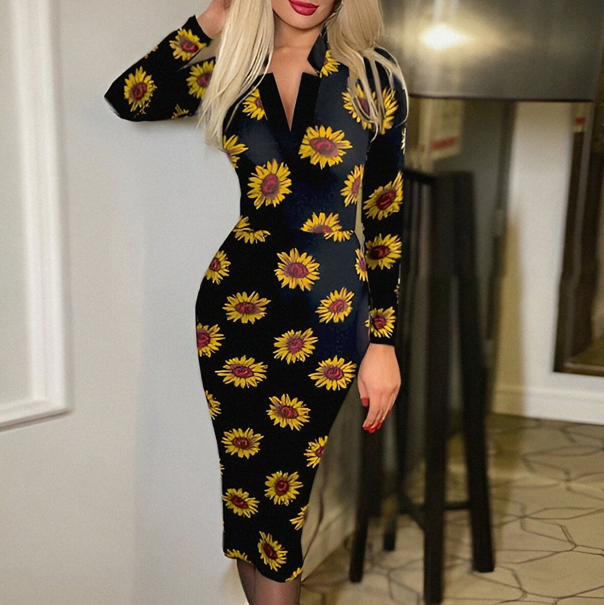 TUA MODA Kadın Uzun Kollu V Yaka Puantiyeli Krep Midi Boy Elbise