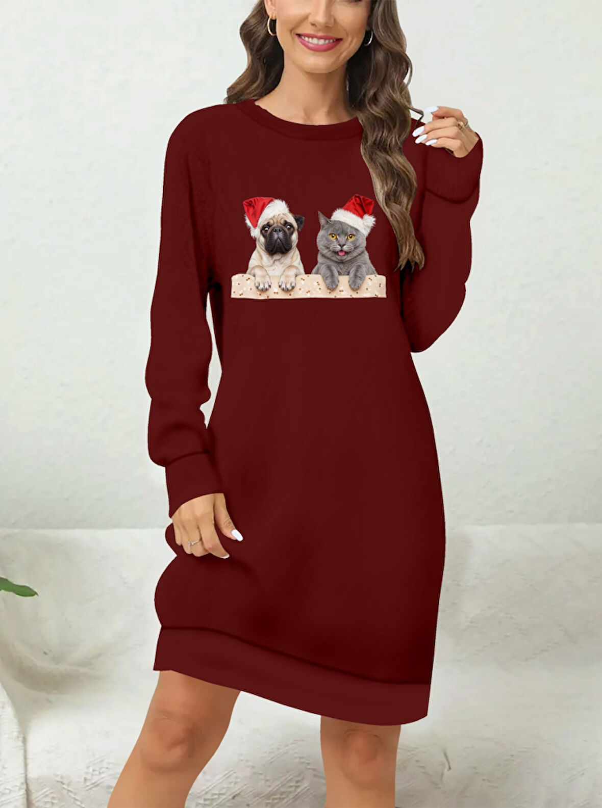 TUA MODA Kadın Uzun Kollu Bisiklet Yaka Desenli Viskon Iki Iplik Elbise