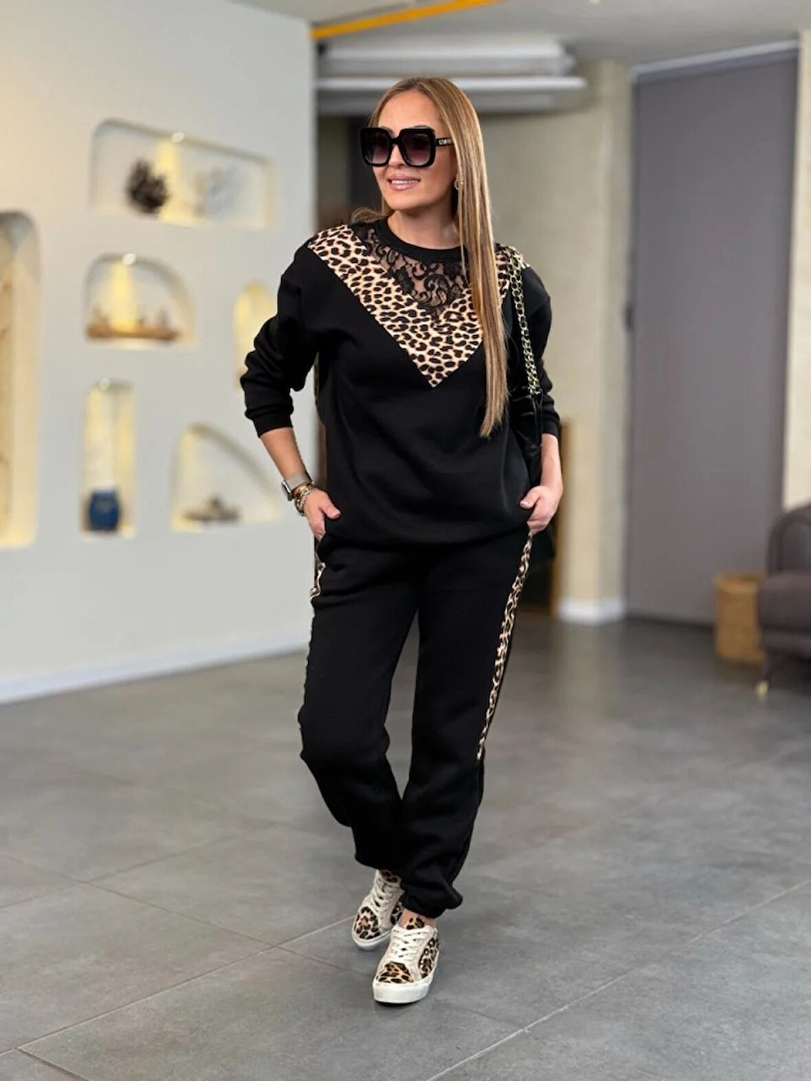 TUA MODA Kadın üç Iplik Kumaş Leopar Desenli Dantel Detaylı Ikili Takım