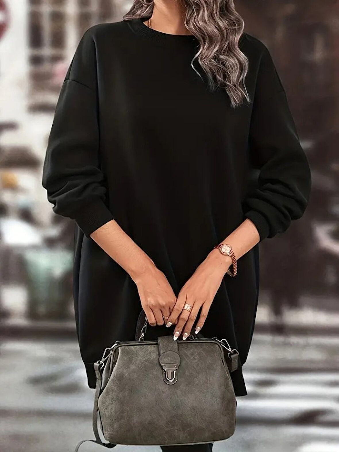 TUA MODA Kadın Uzun Kollu Bisiklet Yaka Iki Iplik Elbise