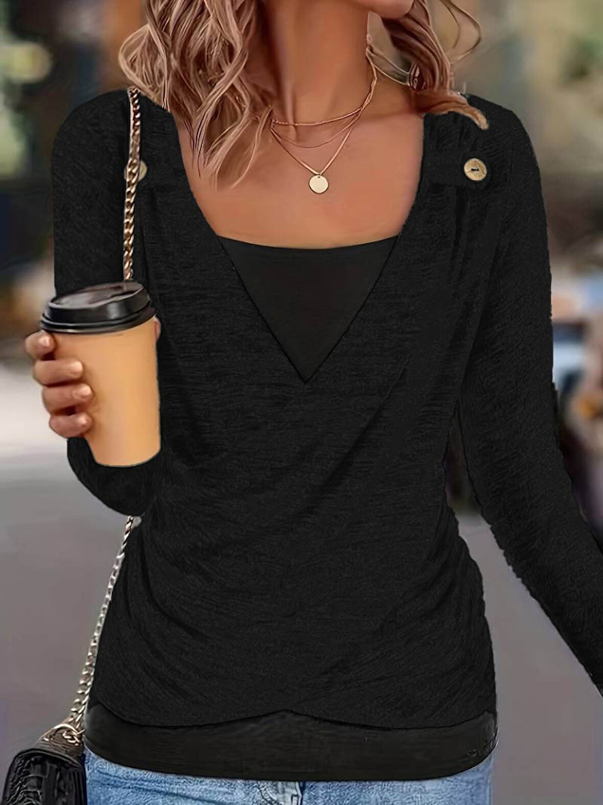 TUA MODA Kadın Uzun Kollu V Yaka Düğme Detaylı Yumoş Bluz