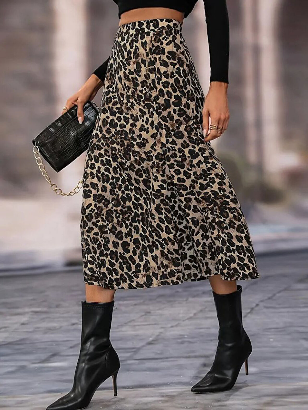 TUA MODA Kadın Yüksek Bel Leopar Desenli Midi Krep Etek