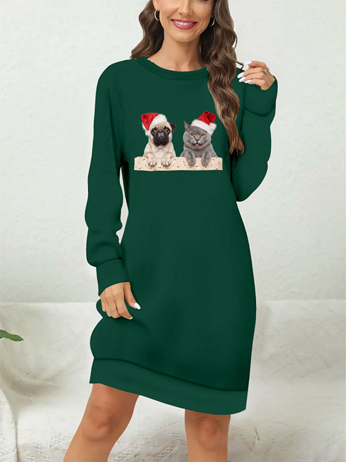 TUA MODA Kadın Uzun Kollu Bisiklet Yaka Desenli Viskon Iki Iplik Bluz