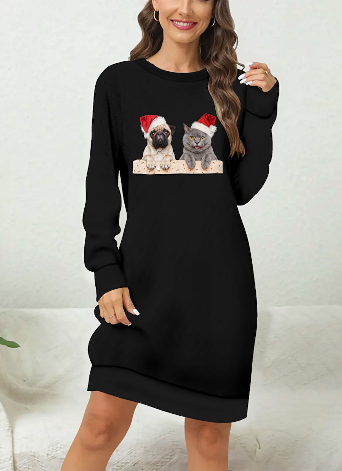 TUA MODA Kadın Uzun Kollu Bisiklet Yaka Desenli Viskon Iki Iplik Bluz