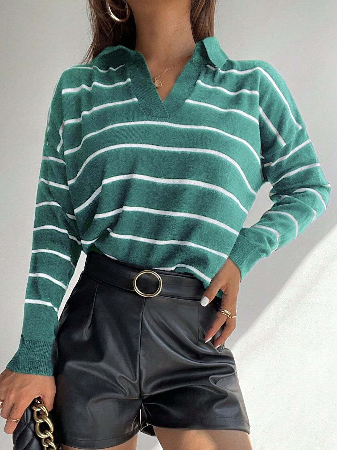 TUA MODA Kadın Uzun Kollu V Yaka çizgili Triko Bluz