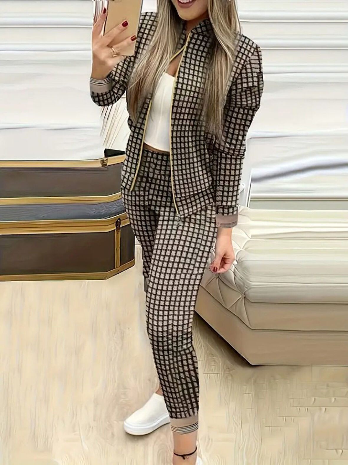 TUA MODA Kadın Uzun Kollu önden Fermuarlı Desenli şardonlu Dalgıç Ceket Ve Pantolon Ikili Takım