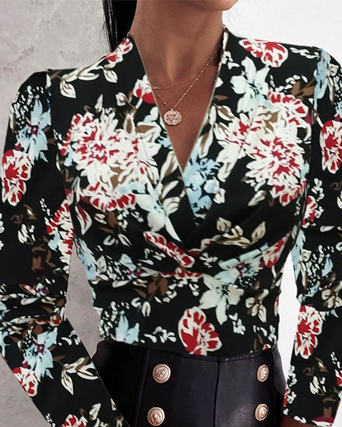 TUA MODA Kadın Uzun Kollu Kruvaze Yakalı Kelebek Desenli şardonlu Dalgıç Bluz