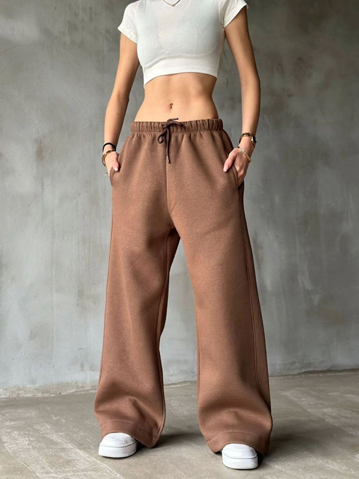 TUA MODA Palazzo Bol Paça Eşofman Pantolon - Kahve