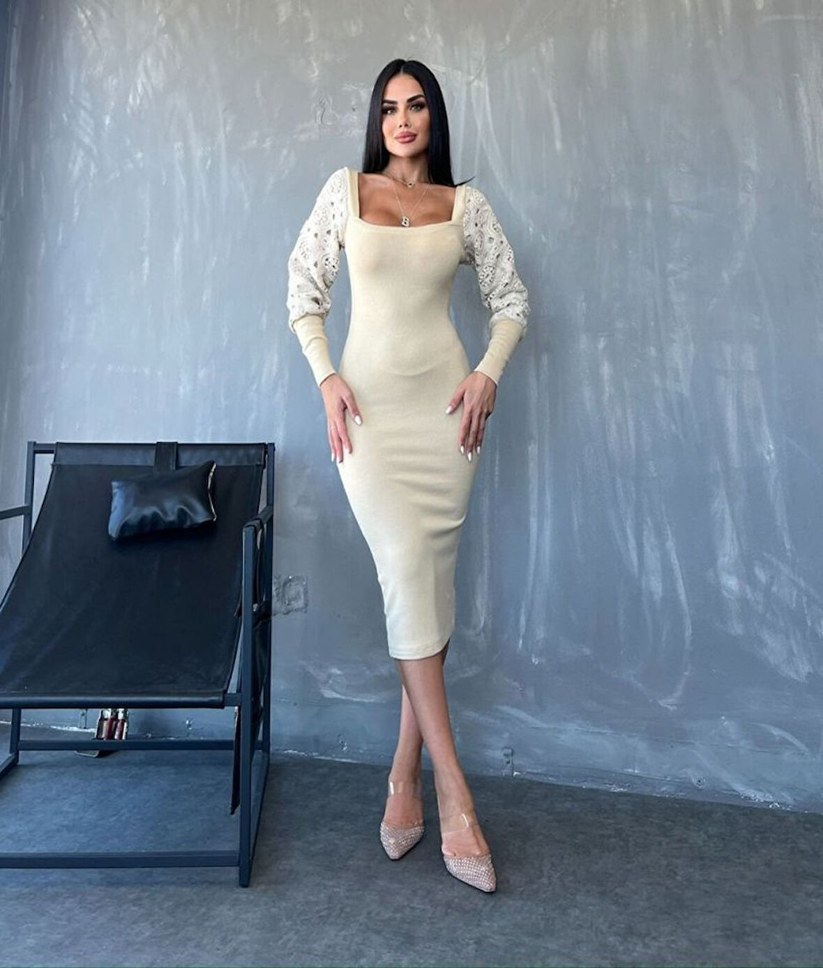 TUA MODA Kadın Kare Yaka Kolları Manşet Ve Tül Detay Fırsat ürün Midi Boy Elbise