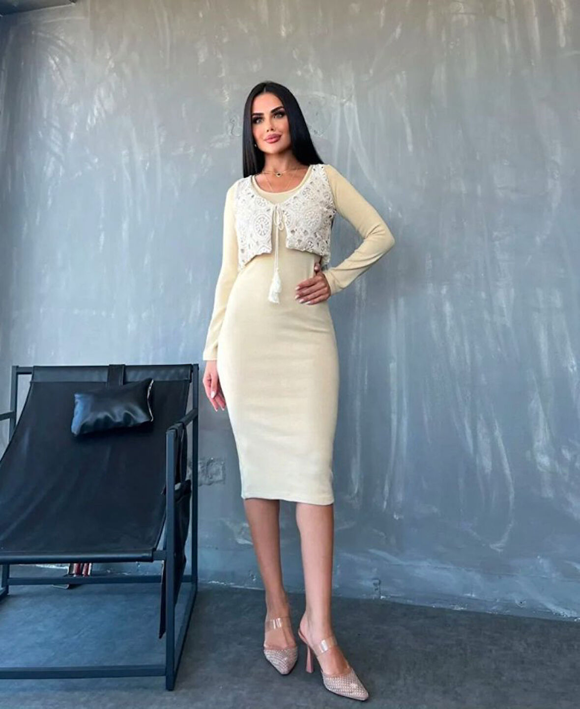 TUA MODA Kadın Bisiklet Yaka Midi Boy Elbise Ve Dantel Güpür Detay Yelek Fırsat ürün Ikili Takım