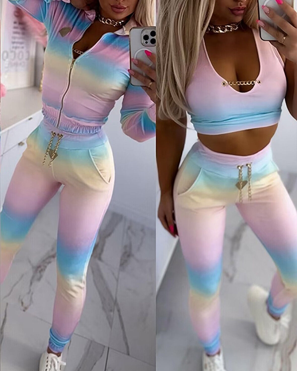 TUA MODA Kadın Uzun Kollu Askılı Yuvarlak Yakalı Krop Bluz, Uzun Kollu önden Fermuarlı Ceket Ve Pant
