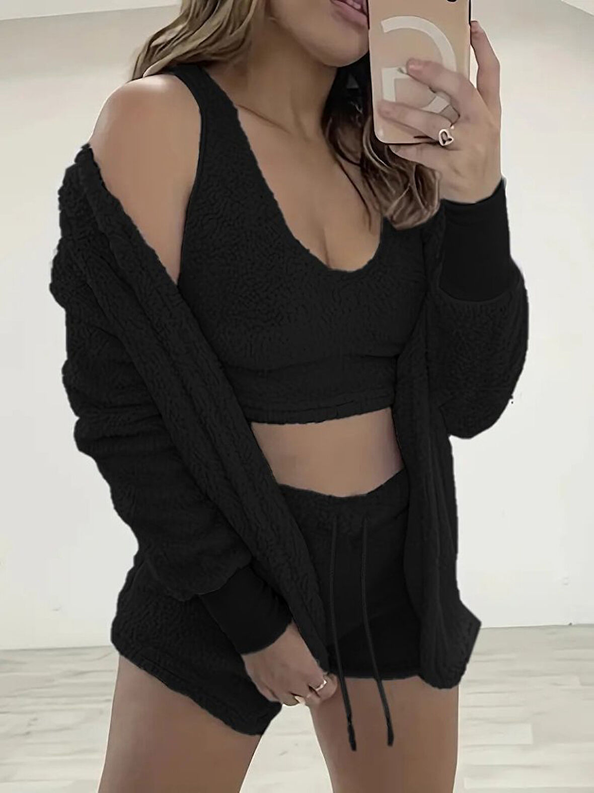 TUA MODA Kadın Uzun Kollu Ceket, Askılı Peluş Bluz Ve şort üçlü Takım