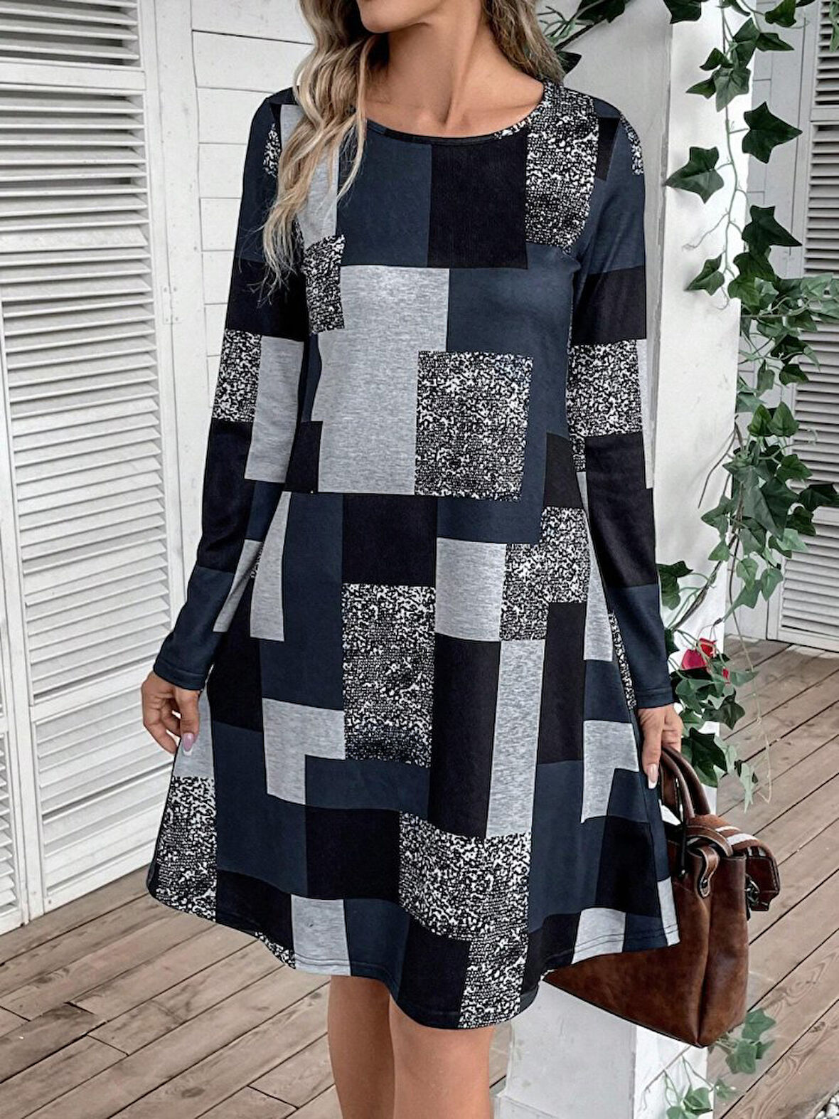 TUA MODA Kadın Uzun Kollu Yuvarlak Yaka Geometrik Süprem Elbise