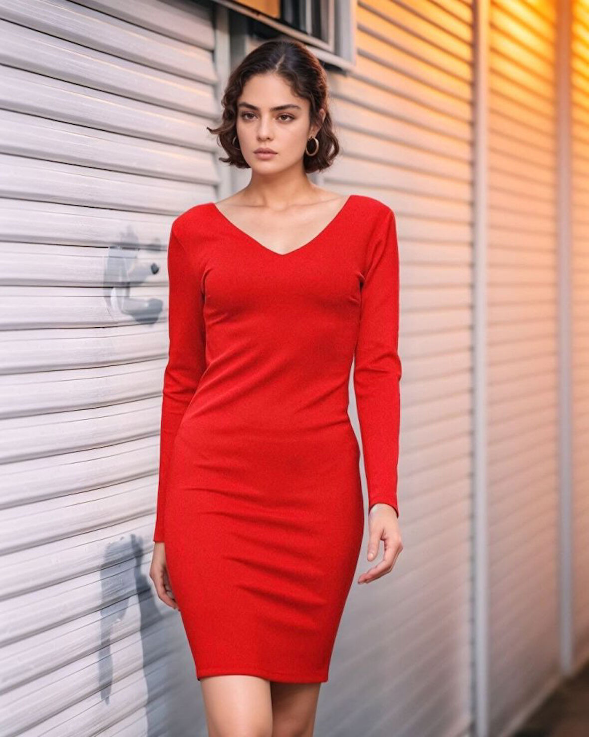 TUA MODA Kadın Uzun Kollu V Yaka Sırt Dekolteli Scuba Dalgıç Kumaş Mini Elbise