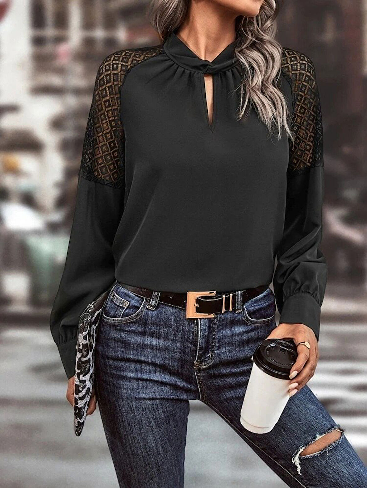 TUA MODA Kadın Uzun Kollu Anahtar Deliği Yaka Reglan Kol Dantel Detaylı Ithal Krep Bluz