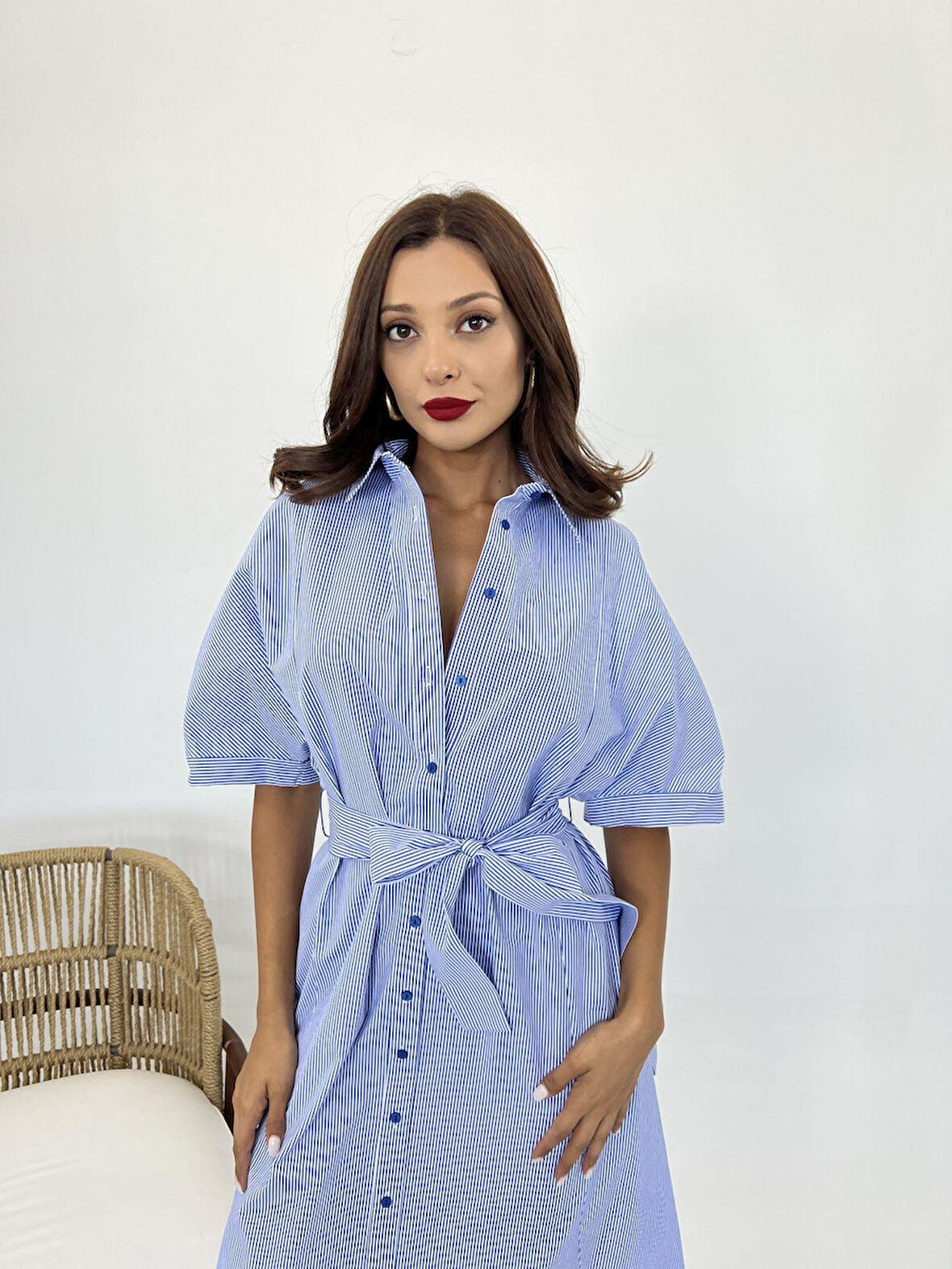 TUA MODA 5318 ELBİSE-MAVİ BEYAZ ÇİZGİLİ