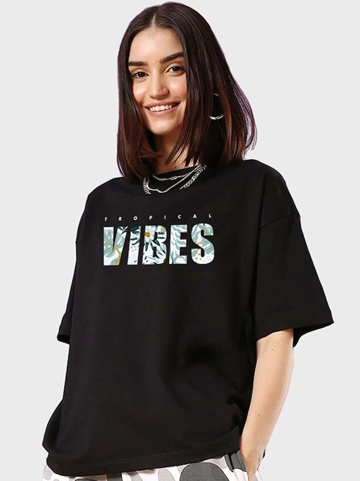 TUA MODA Baskılı Oversize T-shirt - Siyah