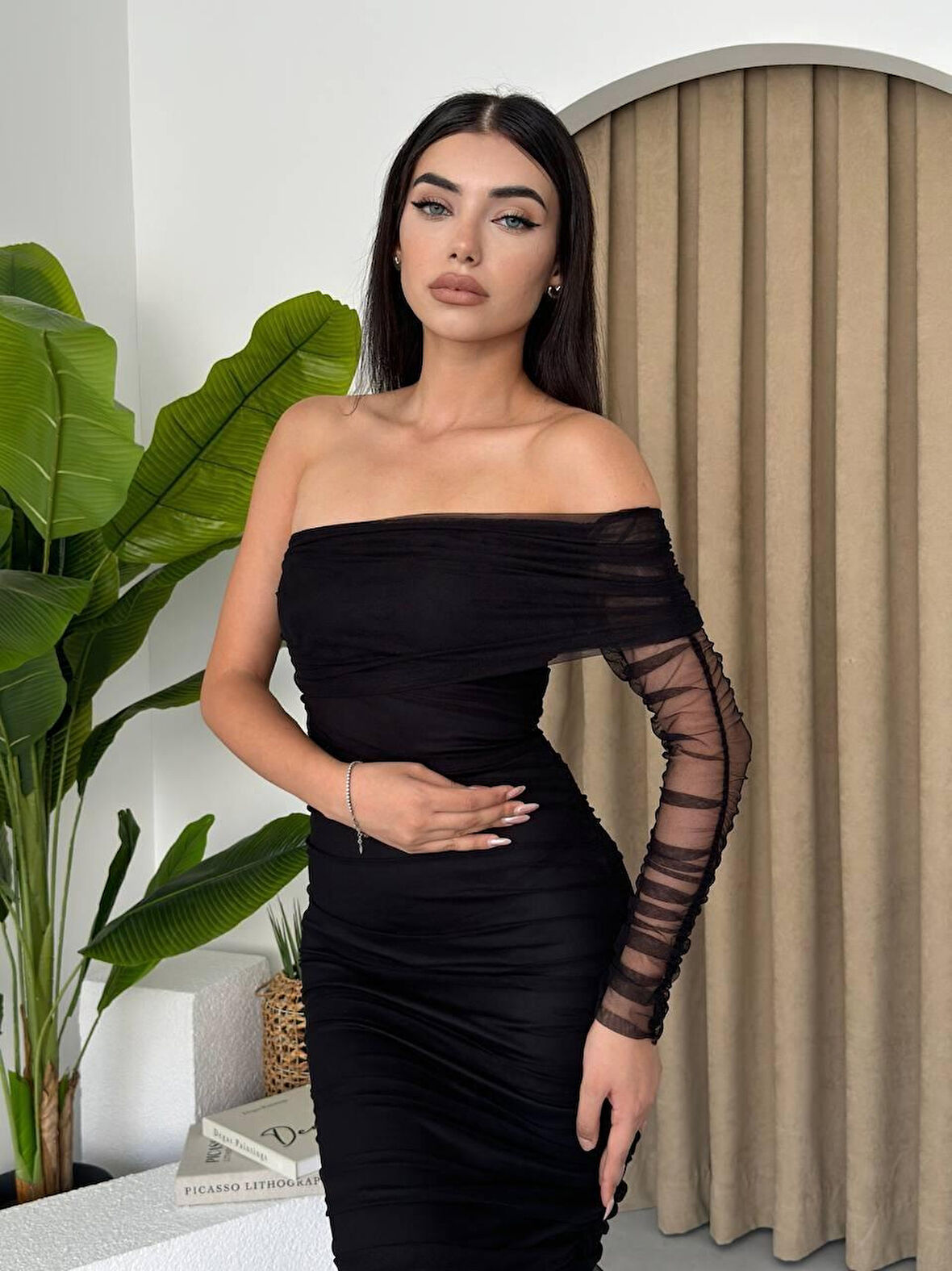 TUA MODA Polack Tek Omuz Tül Elbise