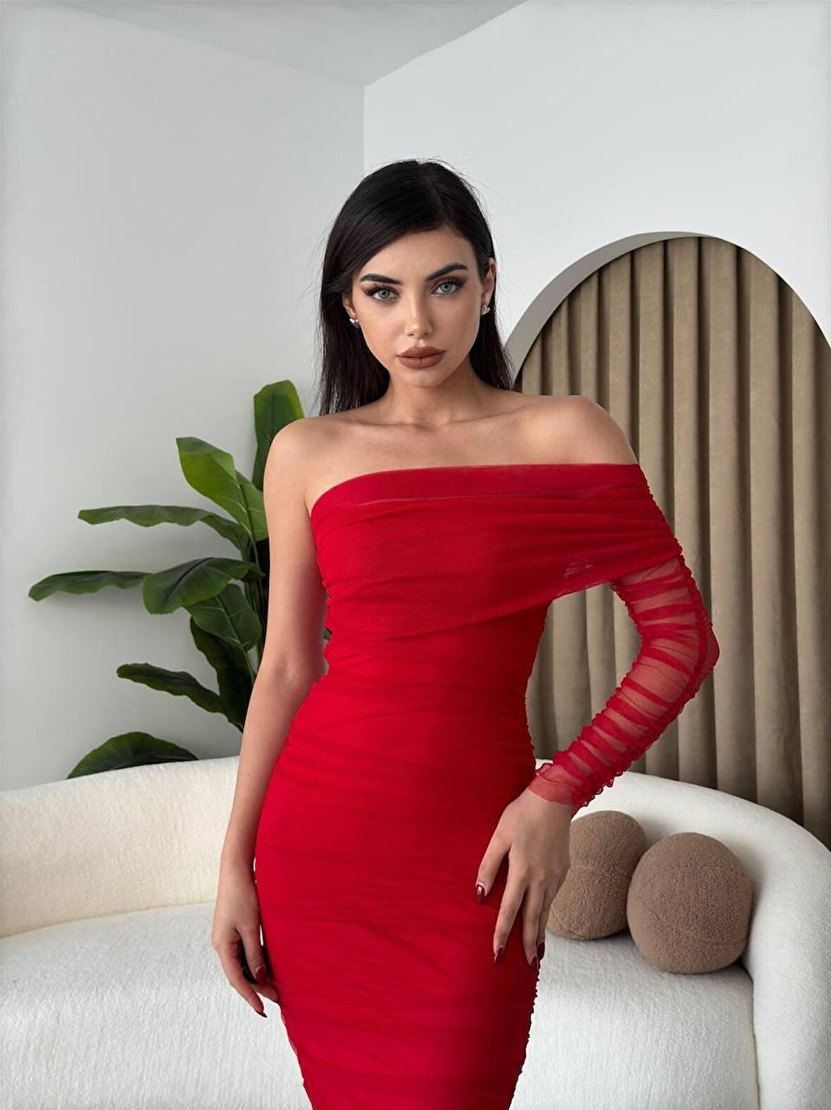 TUA MODA Polack Tek Omuz Tül Elbise