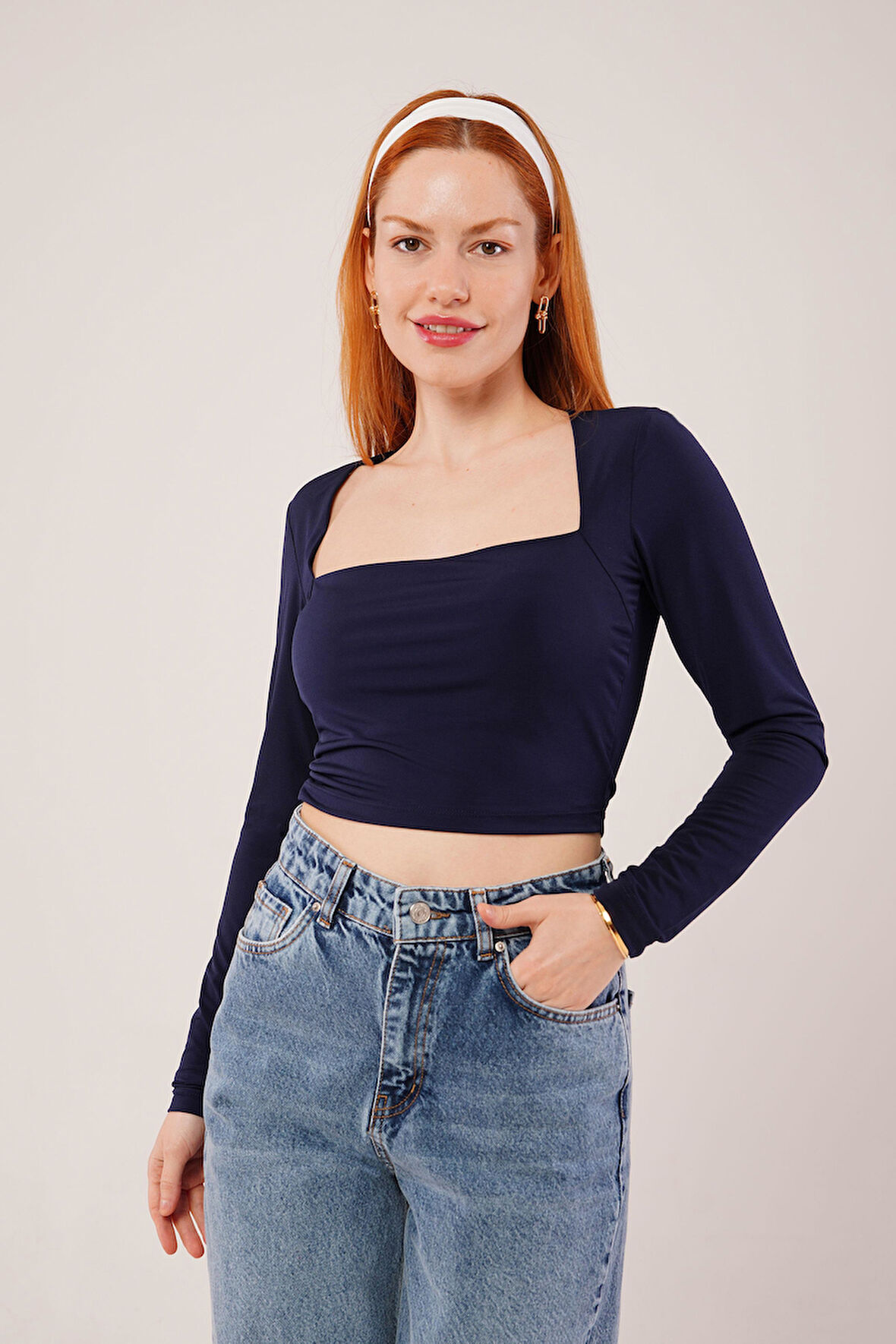 TUA MODA Kare Yaka Basic Lacivert Bluz