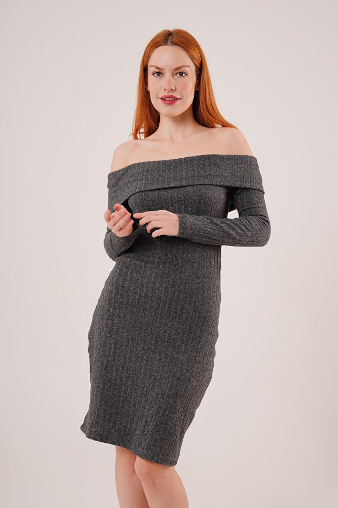 TUA MODA Madonna Yaka Fitilli Antrasit Triko Elbise