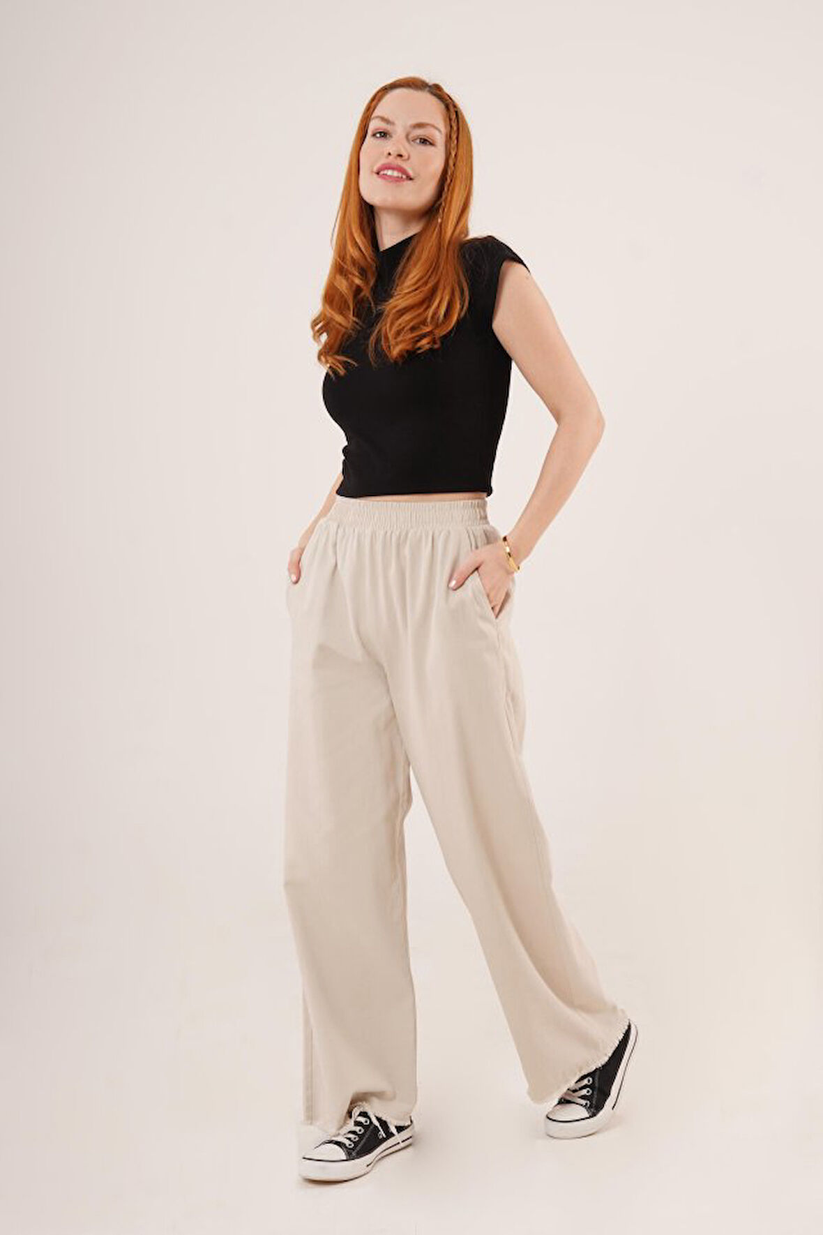 TUA MODA Bel Lastikli Paça Detaylı Cepli Krem Pantolon