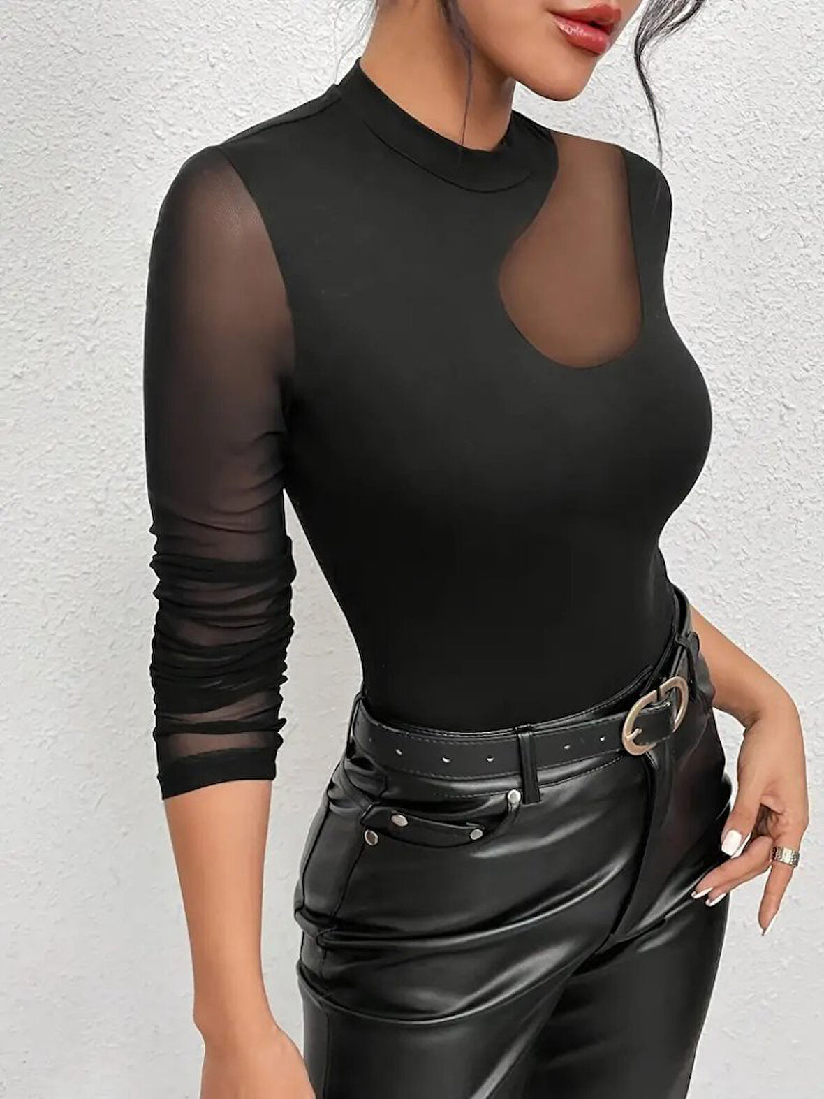 TUA MODA Kadın Uzun Kollu Yarı Balıkçı Yaka Kolları Tüllü Dalgıç Bluz
