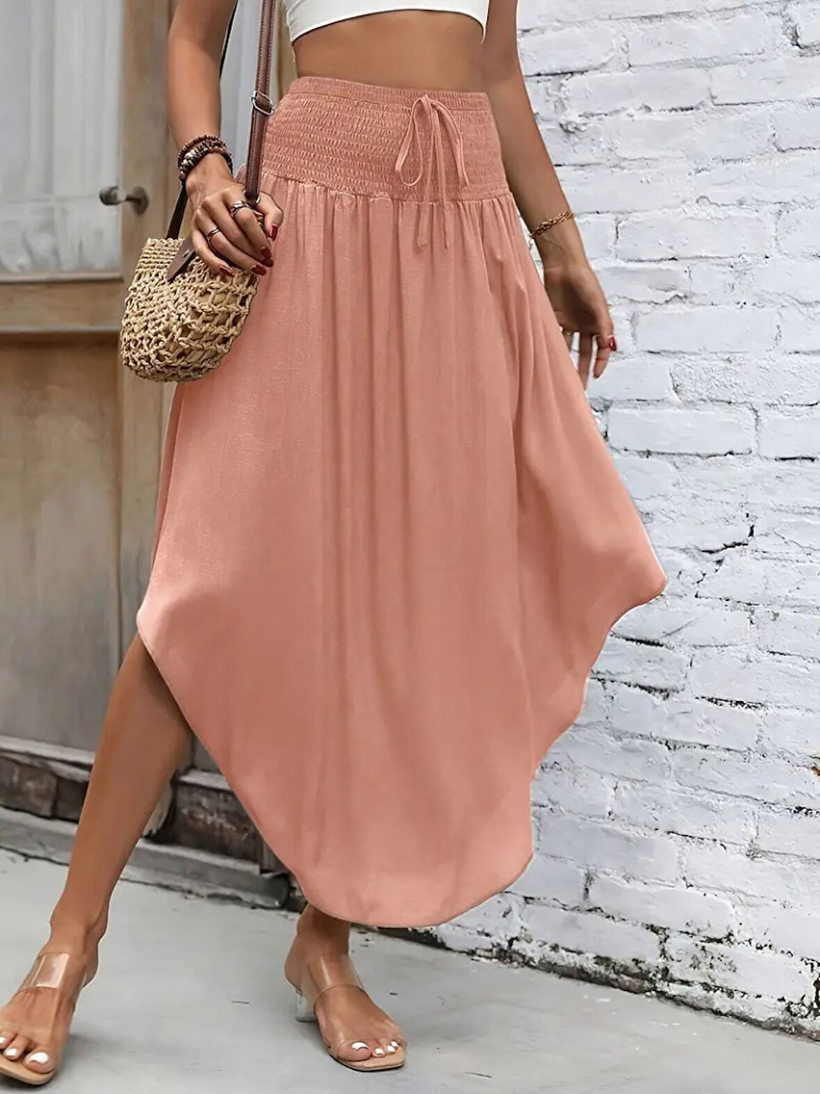 TUA MODA Kadın Yüksek Bel Belden Bağlamalı Asimetrik Kesim Detaylı Sandy Etek