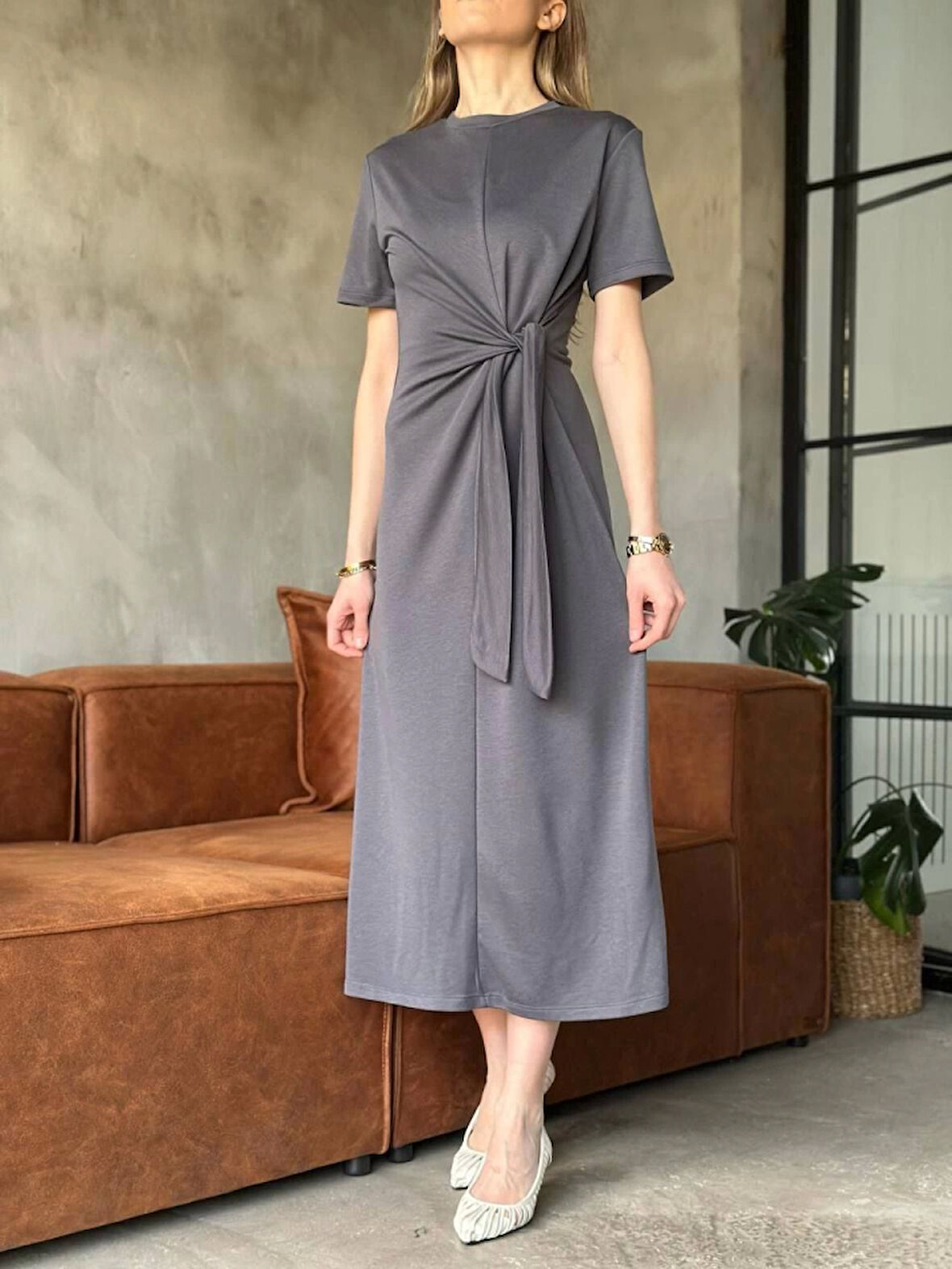 TUA MODA Osy Modal Yumuşak Dokulu Kumaş Yandan Bağlamalı Elbise - Gri