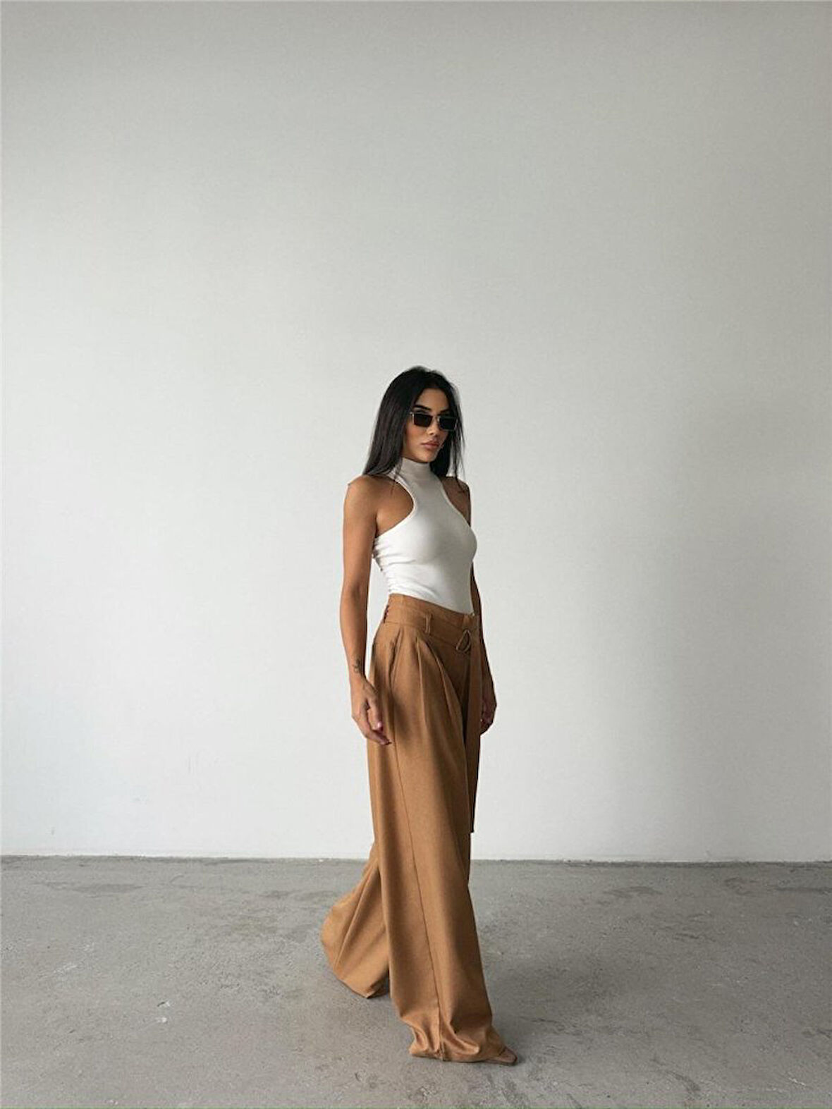 TUA MODA PALAZZO PANTOLON KUMAŞ KEMER DETAYLI - Bej