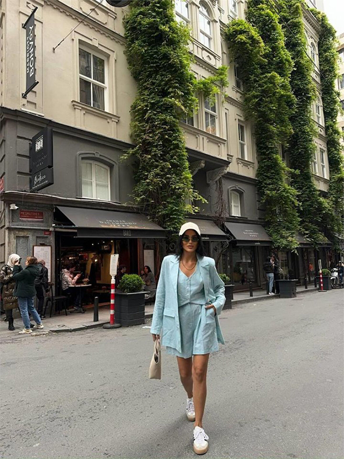 TUA MODA ÇİZGİLİ KETEN CEKET YELEK ŞORT TK - Yeşil