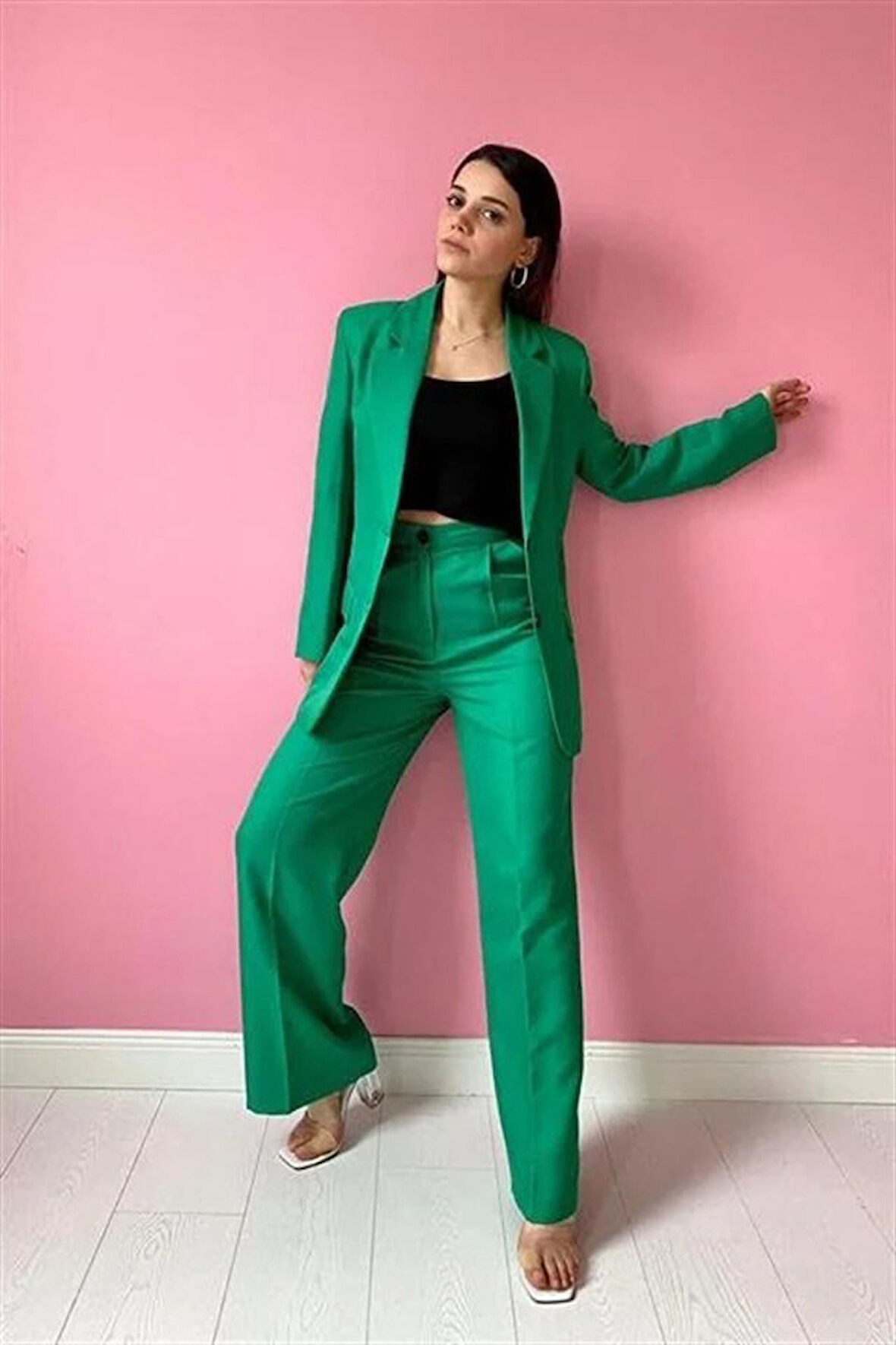 TUA MODA Yeşil Çift Düğmeli Ceket Ve Pantolon Takım