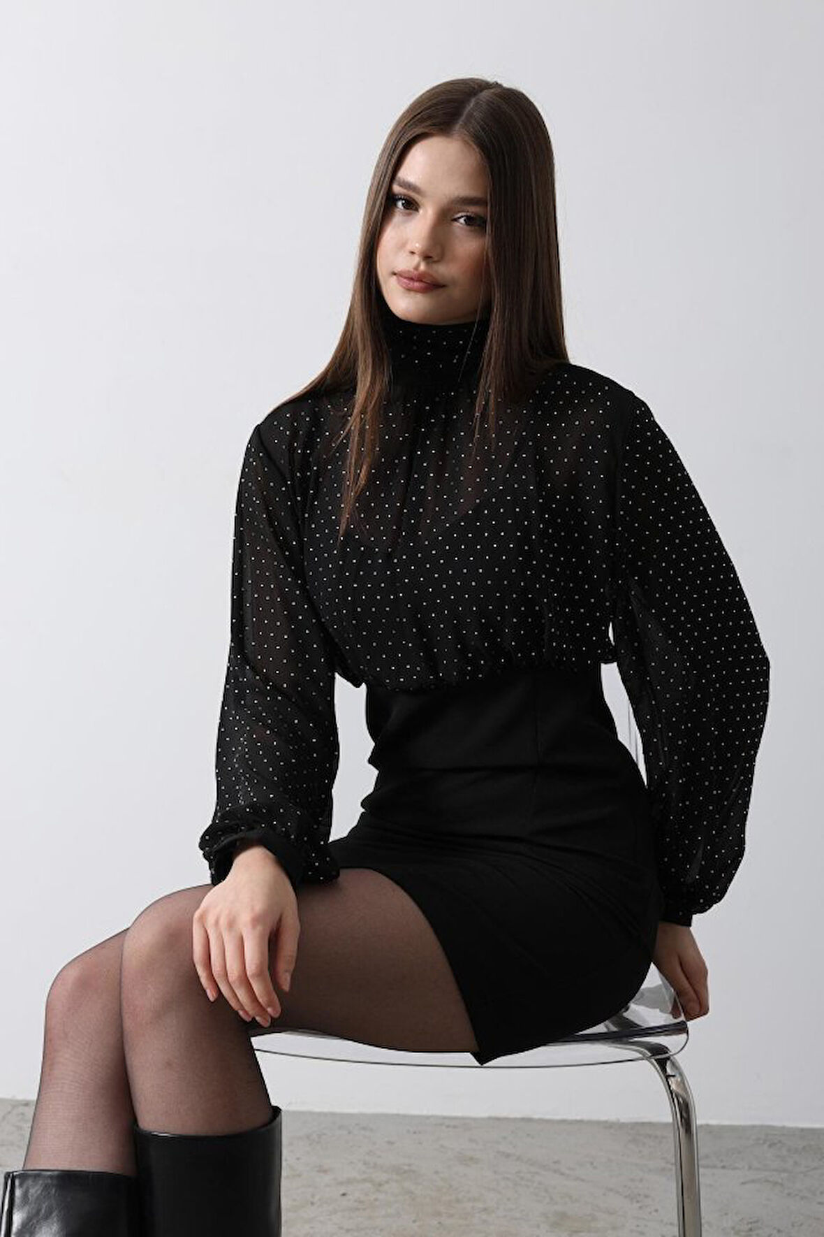 TUA MODA Taşlı Şifon Elbise - Siyah