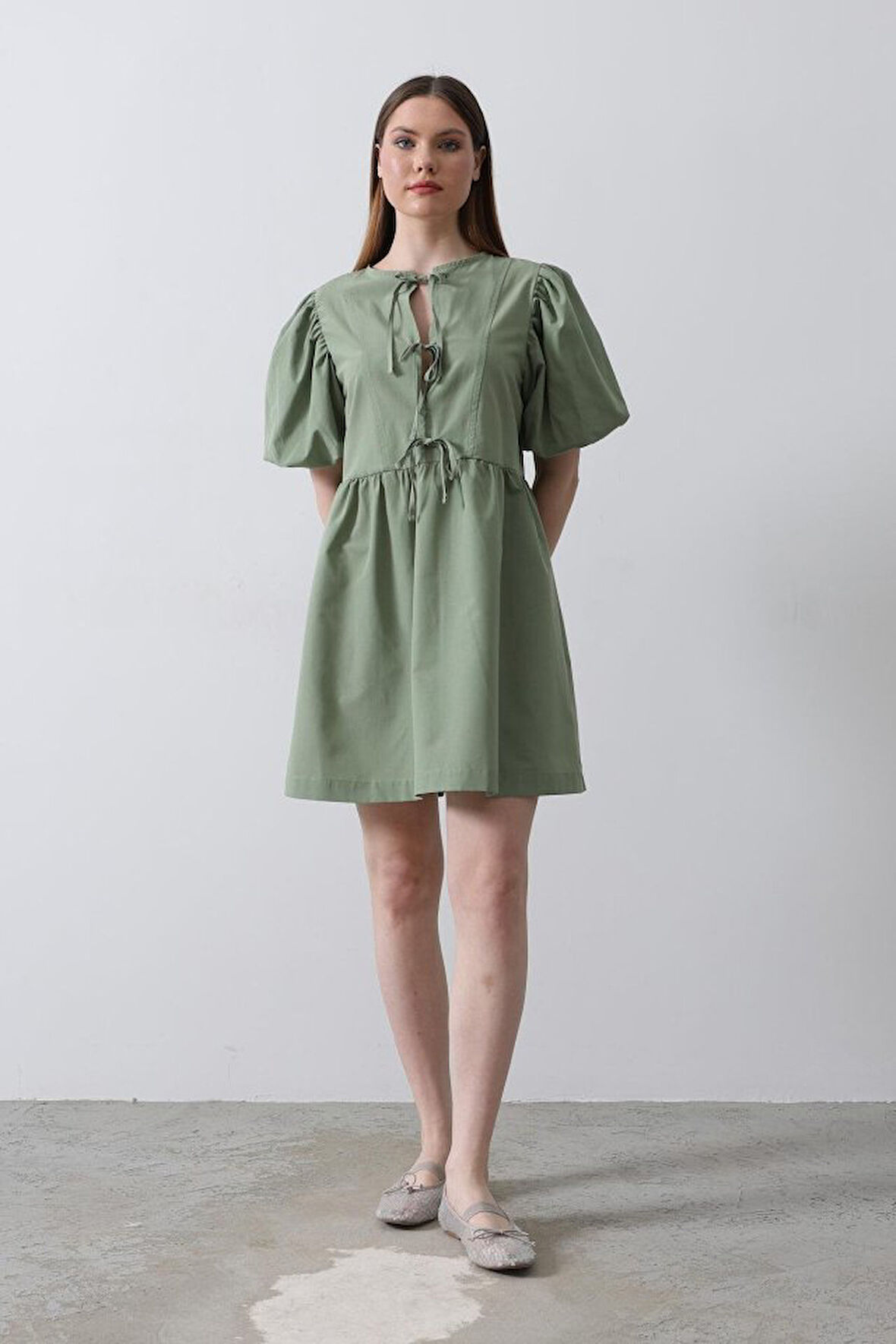 TUA MODA Balon Kol Kurdale Detaylı Elbise - Haki