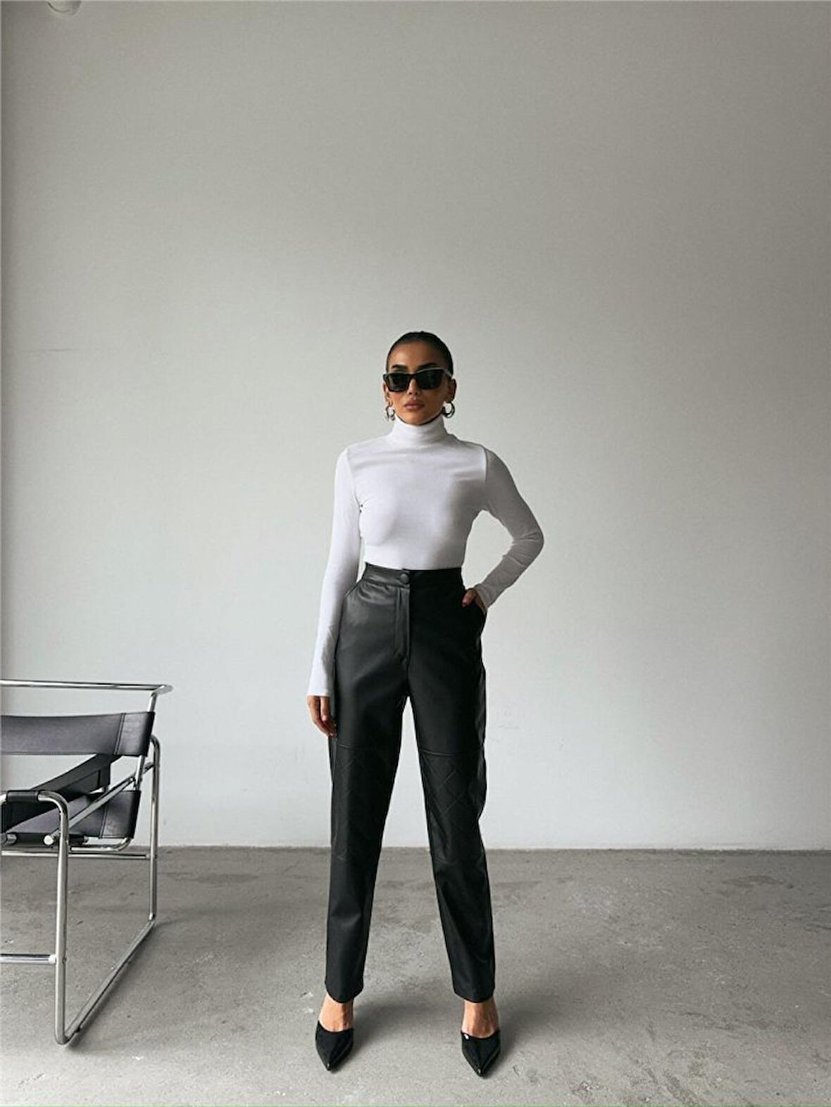 TUA MODA DERİ PANTOLON DİZ PARÇALI - Siyah