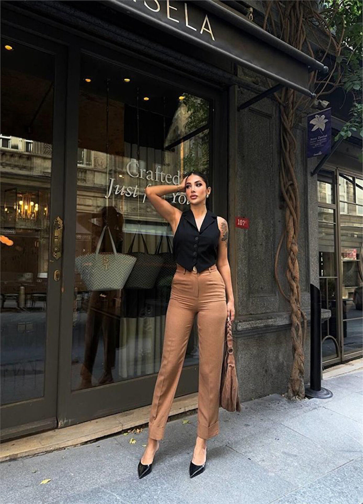 TUA MODA KETEN DUBLE PAÇA DERİ TABA KEMERLİ PANTOLON - Kahverengi