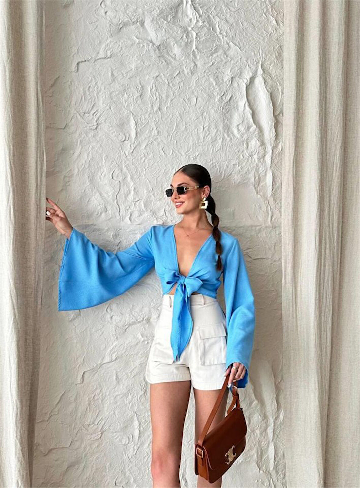 TUA MODA KETEN BAĞLAMA DETAYLI BLUZ İSPANYOL KOL - Mavi