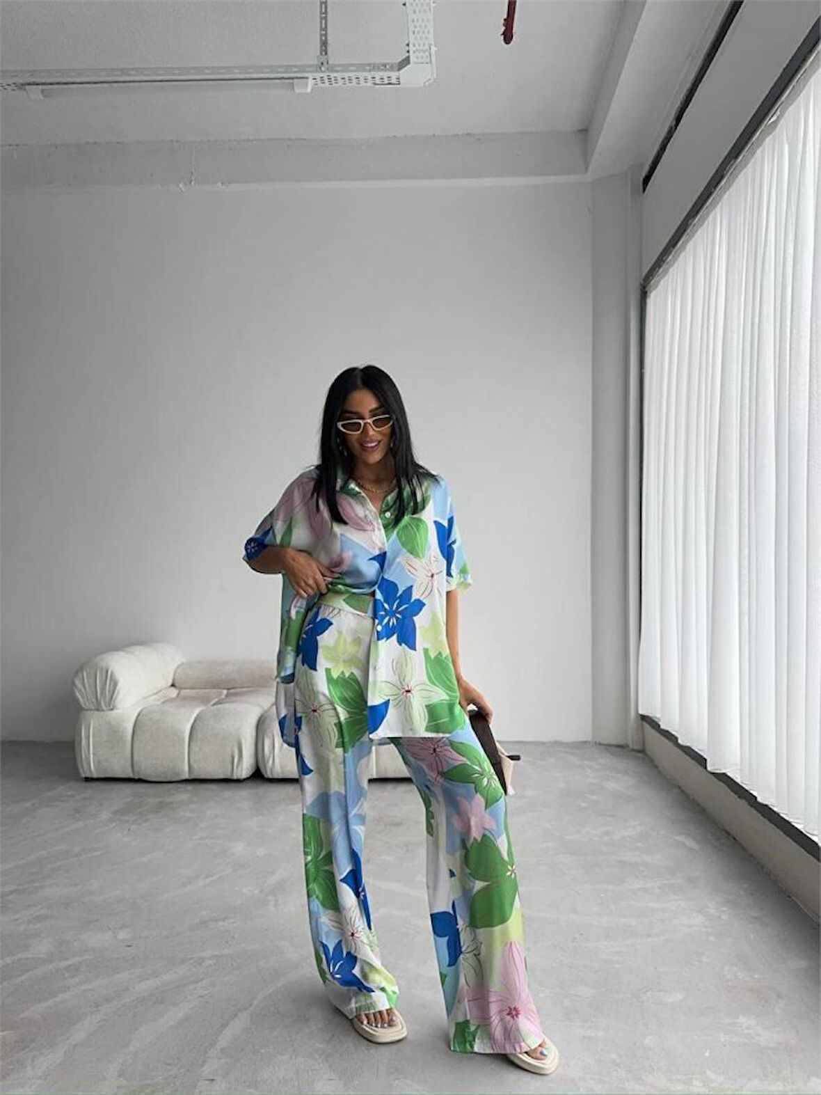 TUA MODA YEŞİL BÜYÜK ÇİÇEK DESEN SATEN GÖMLEK-PANTOLON TAKIM - Yeşil