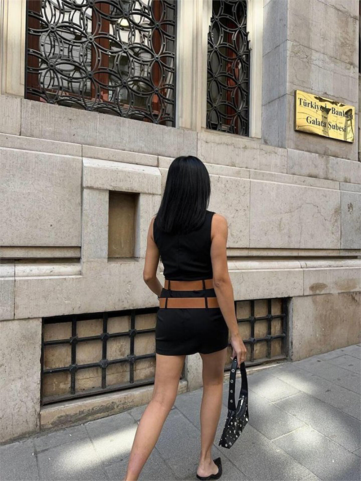 TUA MODA POLYVİSCON ÇİFT KEMER DETAYLI ELBİSE - Siyah