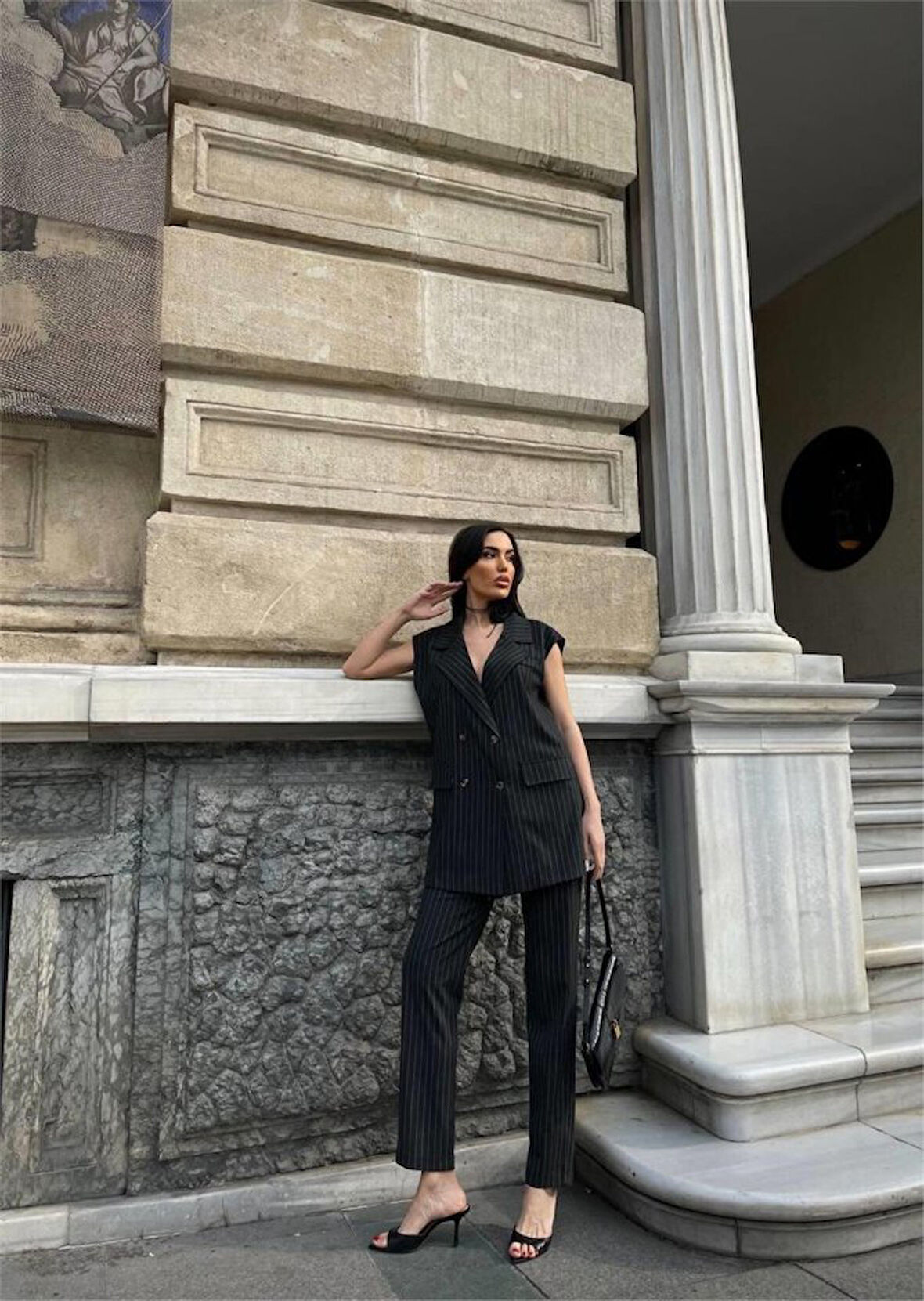 TUA MODA ÇİZGİLİ UZUN YELEK - PANTOLON TAKIM POLVİSCON - Antrasit