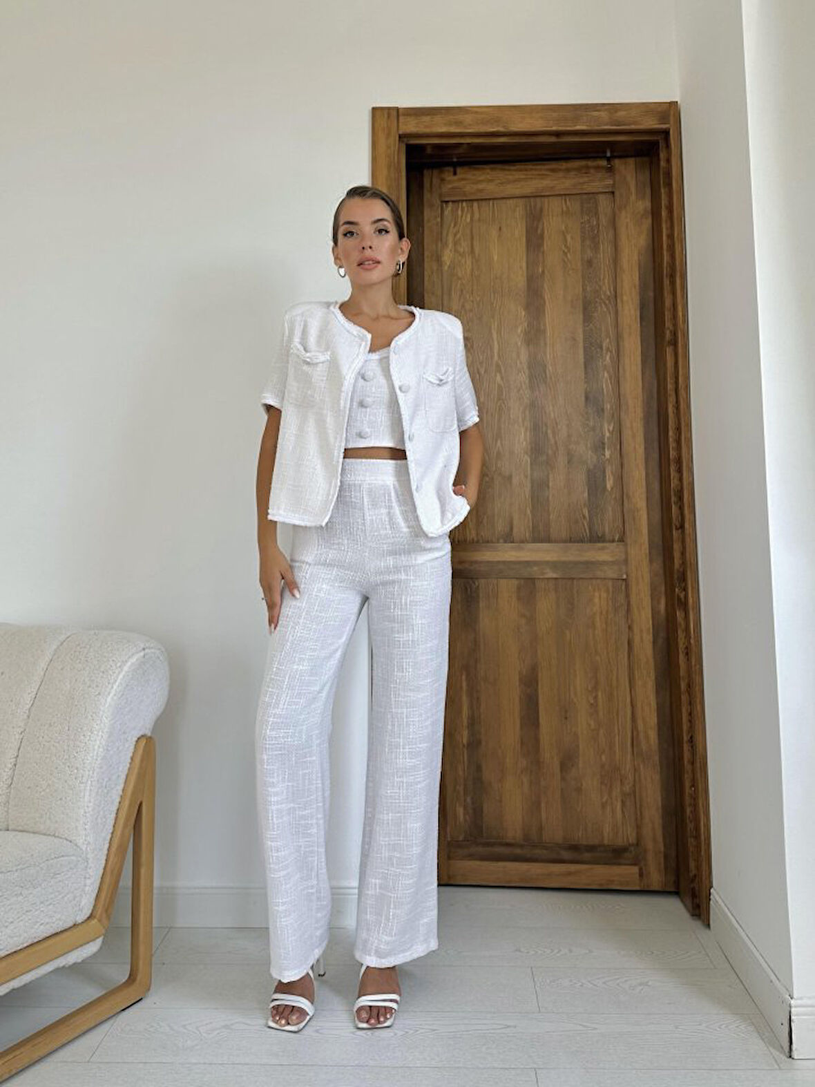 TUA MODA Ekru Askılı Büstiyer Ceket Ve Pantolon Takım
