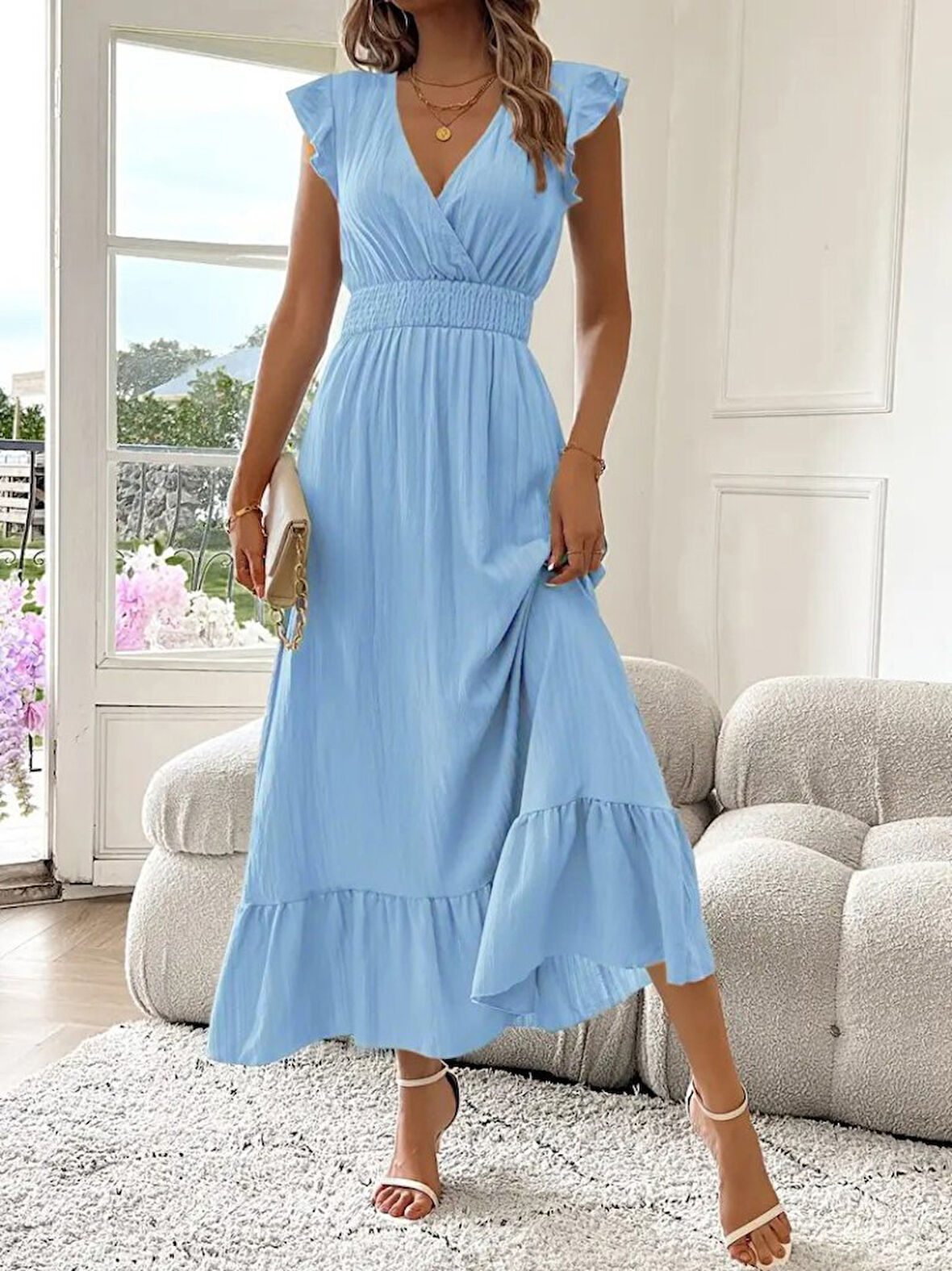 TUA MODA Kadın Kısa Kollu Kruvaze Yakalı Beli Lastikli Müslim Elbise