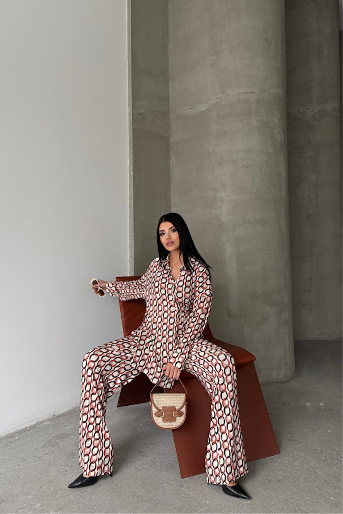 TUA MODA SANDY GÖMLEK-PANTOLON TAKIM ZİNCİR DESENLİ - Bej
