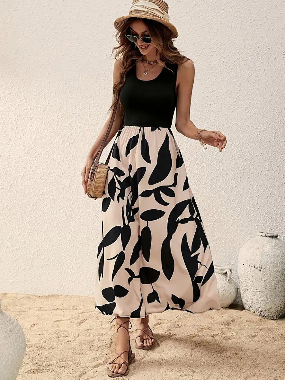 TUA MODA Kadın Askılı Yuvarlak Yaka üst Viskon Alt Desenli Uzun Süprem Elbise